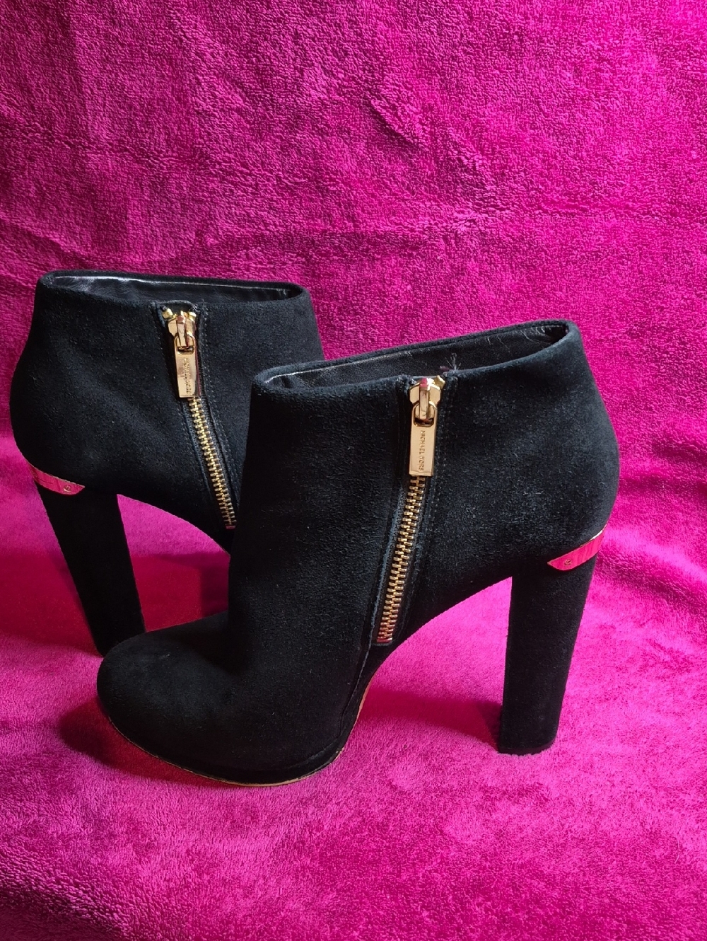 Michael Kors Black Suede High-Heel Ankle Boots with Gold Zipper